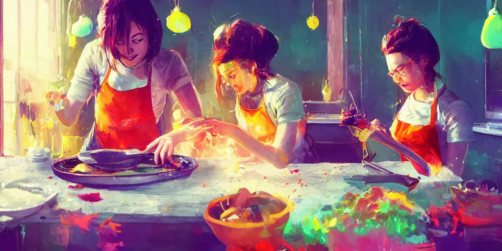 Image similar to two girls cooking, colorful, contrast, 3 d scene, greg rutkowski, zabrocki, karlkka, jayison devadas, trending on artstation, 8 k, ultra wide angle, zenith view, pincushion lens effect