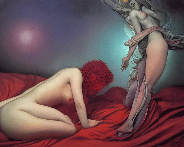 Prompt: lovers merging into a bed, single light bulb and a figure praying in the style of Franics Bacon, Ayami Kojima, Amano, Karol Bak, Greg Hildebrandt, and Mark Brooks, Neo-Gothic, gothic, rich deep colors. Beksinski painting. Todd Hido, Edward Hopper, vibrating eerie palette of Mark Rothko, Cy Twombly