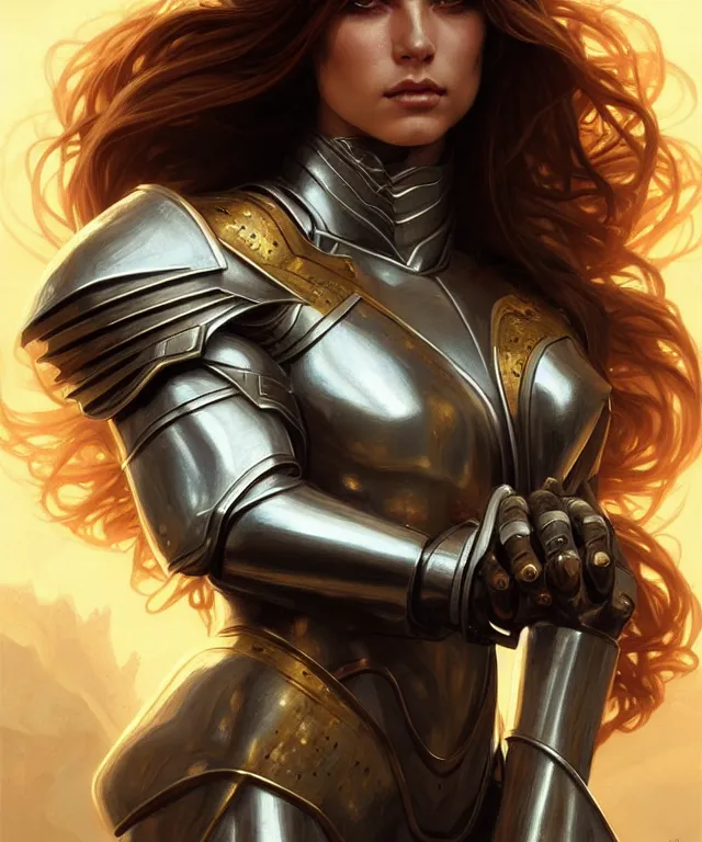 Image similar to Muscular and powerful medieval knight woman portrait, sci-fi, amber eyes, face, long hair, fantasy, intricate, elegant, highly detailed, digital painting, artstation, concept art, smooth, sharp focus, illustration, art by artgerm and greg rutkowski and alphonse mucha