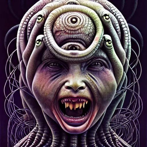 Image similar to alien sad medusa, face of emilia clarke, crying blood, tubular creature, blood vesels, no face, dystopian surrealism, art style alex ries giger, zdzisław beksinski, symmetry accurate features, very intricate details, high resolution, 4 k, intricate, sharp