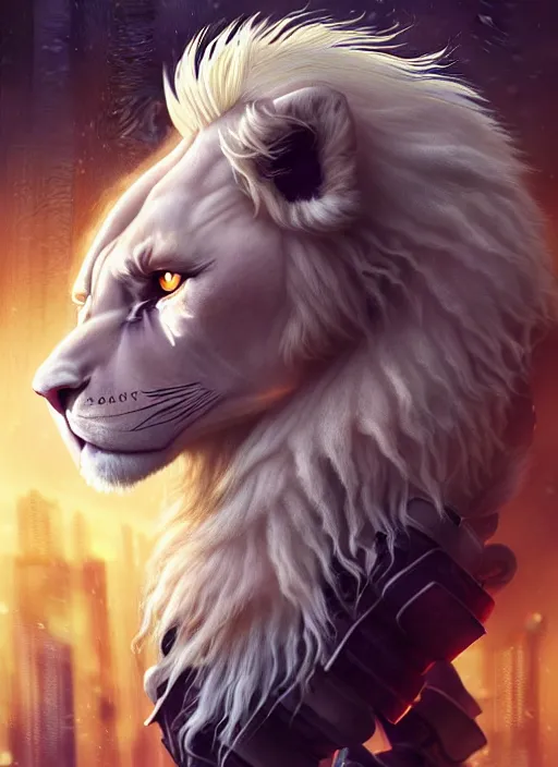 Image similar to aesthetic portrait commission of a of a male fully furry muscular anthro albino lion with a tail and a beautiful attractive hyperdetailed face wearing stylish and creative torn open black and yellow heavy outfit in a sci-fi dystopian city at golden hour while it storms in the background with bright police sirens lighting up the subject. Character design by charlie bowater, ross tran, artgerm, and makoto shinkai, detailed, inked, western comic book art, 2021 award winning painting