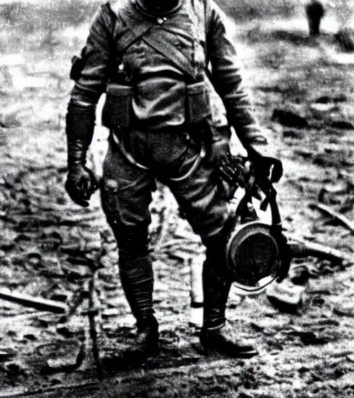 Prompt: man in a anti-radiation suit and gasmask, ww1 film photo, grainy, high detail, high resolution