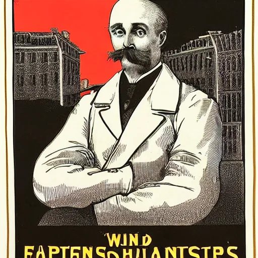 Image similar to 1 8 9 0 s capitalism poster, black and white engraving, eastern european look, with red ink used for emphasis, on antique yellowed paper. serious face of leader in the middle of poster, with intricate imagery of buildings and factories and laborers in the background