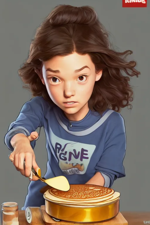 Prompt: millie brown making pancakes, animation pixar style, by pendleton ward, magali villeneuve, artgerm, rob rey and kentaro miura style, golden ratio, trending on art station