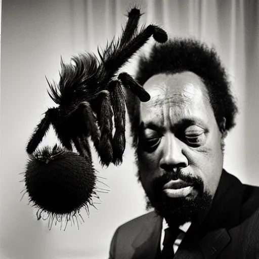 Image similar to charles mingus sniffing a big hairy tarantula, professional photograph, 4 k