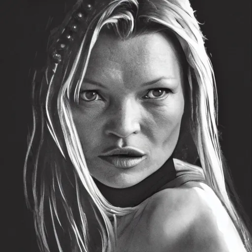 Image similar to kate moss dressed up as a knight in shining armour, hyper realistic, reflections, shadows, photo realistic, 8k