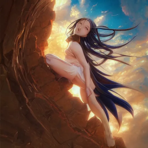 Image similar to Anime girl falling out of the sky through a giant time portal, detailed, centered, digital painting, artstation, concept art, donato giancola, Joseph Christian Leyendecker, WLOP, Boris Vallejo, Breathtaking, 8k resolution, extremely detailed, beautiful, establishing shot, artistic, hyperrealistic, beautiful face, octane render, cinematic lighting, dramatic lighting, masterpiece
