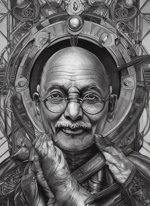 Prompt: Ghandi as a Space Marine, beautiful detailed eyes, cute, fantasy, intricate, elegant, highly detailed, digital painting, 4k, HDR, concept art, detailed jewelry, smooth, sharp focus, illustration, art by Artgerm, H R Giger and Alphonse Mucha