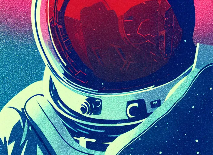 Prompt: portrait of astronaut neil armstrong, colorful, modern art deco, mads berg, karolis strautniekas, christopher balaskas, stippled light, moody, fine texture, editorial illustration, dramatic lighting, dynamic composition, detailed, matte print, dynamic perspective, muted color, ( ( victo ngai ) ), wide angle, low fog