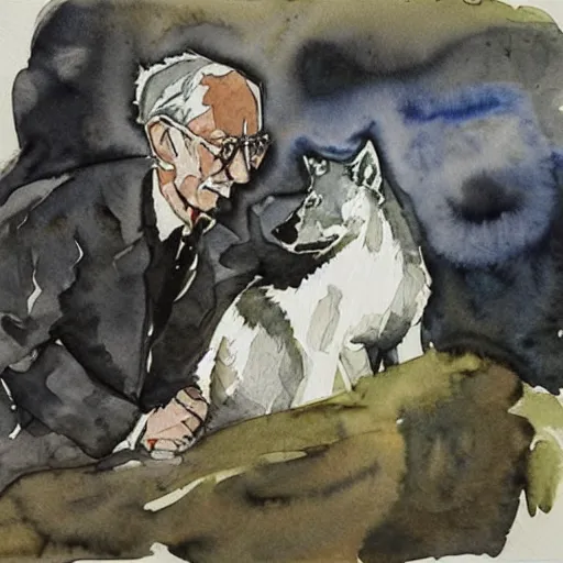 Prompt: herman hesse and his wolf near. watercolor with pancil by hugo pratt.