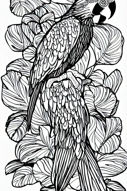 Prompt: parrot ink drawing line art colouring page