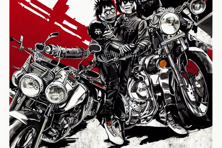 Prompt: schwartz, akira's motorcycle, gorillaz, poster, high quality