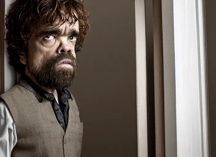 Image similar to peter dinklage looking out of a closet, movie still, from the new ringu movie, 8 k, realistic