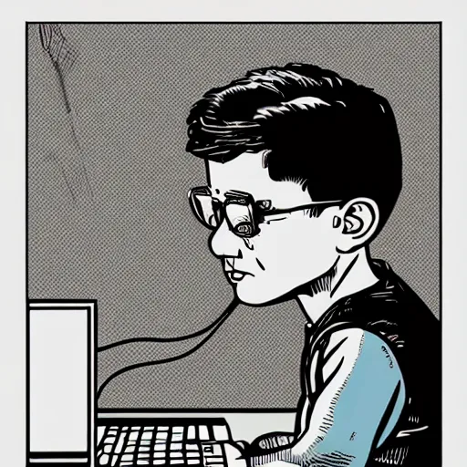 Image similar to illustration of a boy connected to his laptop with wires, highly detailed, by butcher billy, mcbess, rutkowski, james jean, 8 k, photorealistic