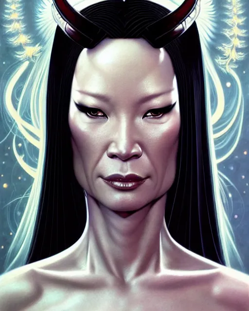 Prompt: beautiful gemini fantasy character portrait, lucy liu kill bill with three eyes, ultra realistic, wide angle, intricate details, blank background, highly detailed by peter mohrbacher, hajime sorayama, wayne barlowe, boris vallejo, aaron horkey, gaston bussiere, craig mullins