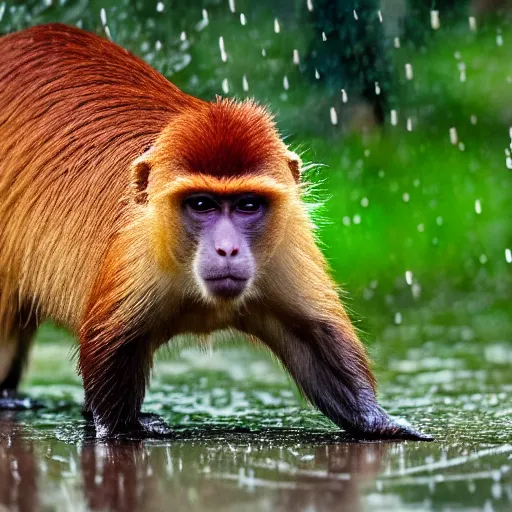 Prompt: Monkey dancing in the rain with a capybara