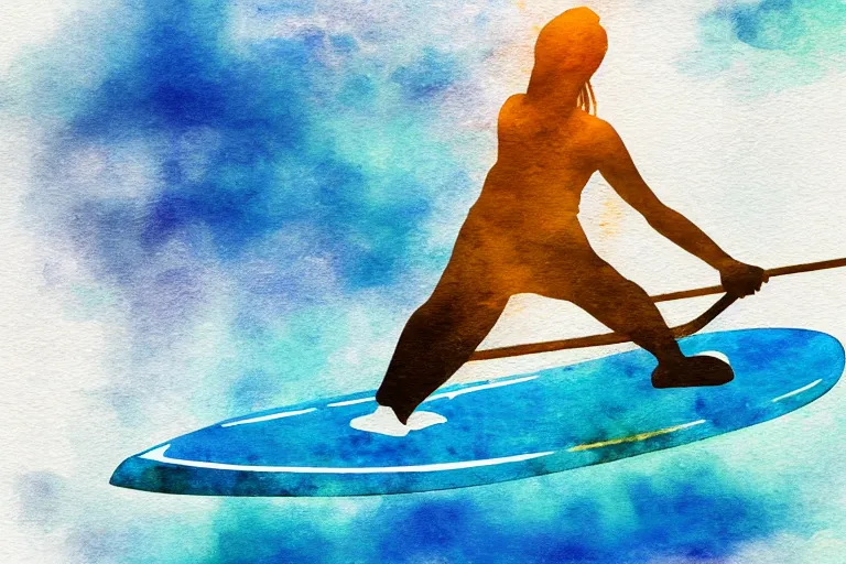 Image similar to beautiful serene person on a paddle board sup, healing through motion, life, minimalistic golden and ink airbrush painting on white background