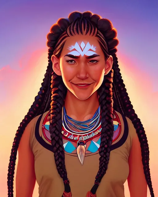 Prompt: in the style of artgerm and Andreas Rocha and Joshua Middleton, pretty Native American young woman with braids, smile on face, Symmetrical eyes symmetrical face, bead necklace, red face paint straight strip across eyes, full body, scenic prairie in background, natural lighting, warm colors