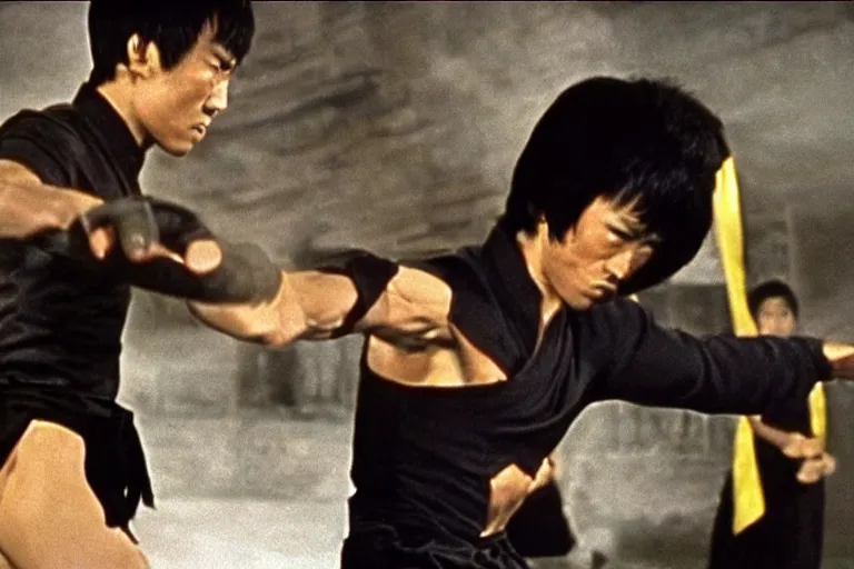 Image similar to bruce lee vs jet li, mortal kombat fight scene, high definition