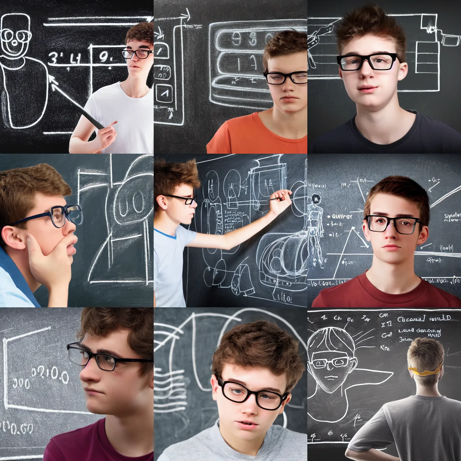 Prompt: 1 7 - year old man with glasses sweating, looking confused, looking at a diagram on a chalkboard, photorealistic