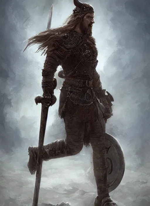 Prompt: aesthetic digital illustration of a kneeling viking warrior, by anne stokes, greg rutkowski, and brian belle din | dirty and bloody, concept art, character concept, matte background. unreal engine, finalrender, centered, deviantart, artgerm