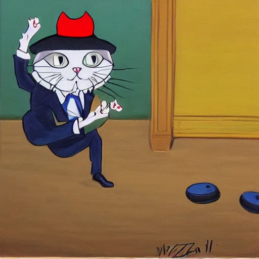 Prompt: a painting of a hasidic humanoid cat doing breakdance for money by miyazaki