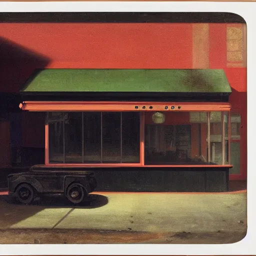 Prompt: a black beast in an abandoned gas station, daguerreotype by edward hopper, by henri rousseau, by Bosch, art noveau, highly detailed, strong lights, liminal, eerie, Bright pastel colors, octane render, 8k