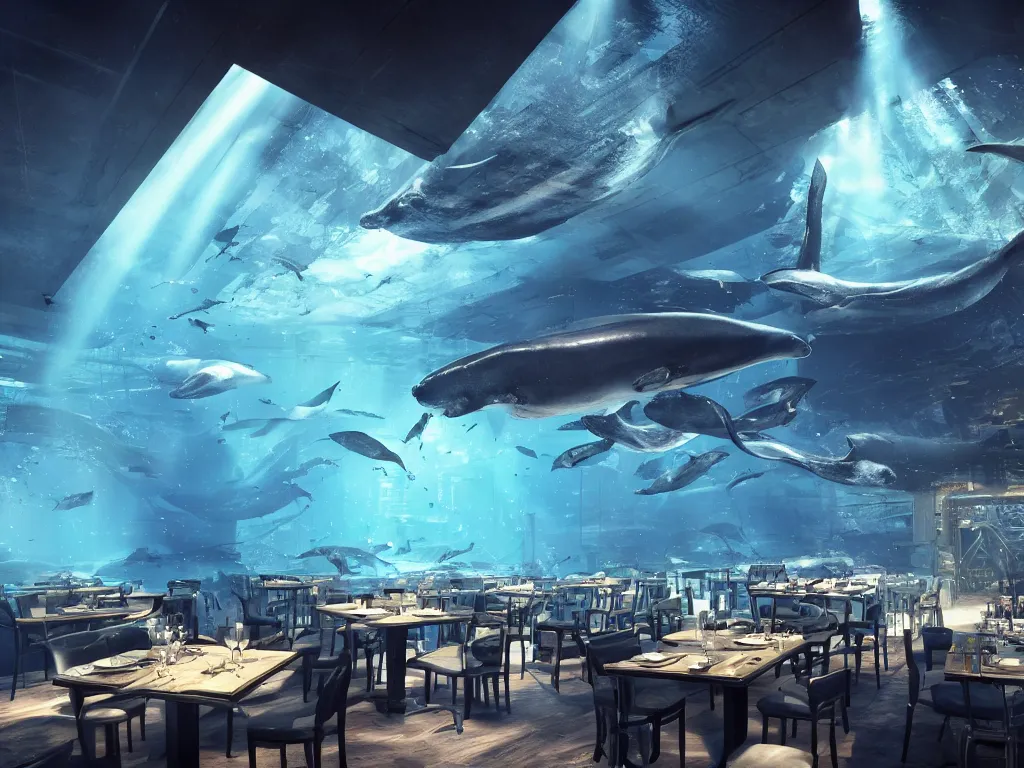 Prompt: Cyberpunk restaurant under water with whales, black ceiling and people inside the restaurant. Rays of light shines through the water. Cinematic, ArtStation, realistic photograph, ambient, rays, lens flares. Unreal Engine, Blender, Maya, rendered by Octane, Arnold.