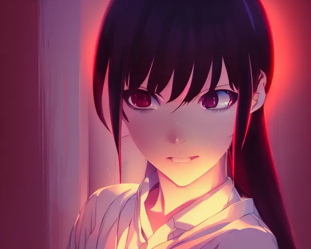 Image similar to anime visual, portrait of a young beautiful pregnant demon hunter in a temple interior, cute face by yoh yoshinari, katsura masakazu, cinematic luts, cold studio lighting, dynamic pose, dynamic perspective, strong silhouette, anime cels, ilya kuvshinov, cel shaded, crisp and sharp, rounded eyes, moody