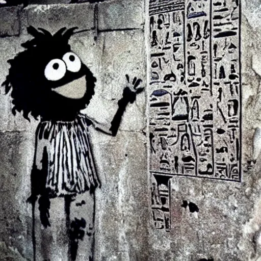 Image similar to banksy graffiti on cursed ancient egyptian tomb, sesame street 1 9 7 8