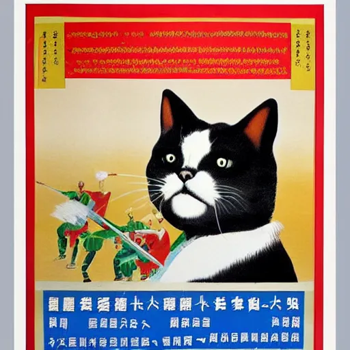 Image similar to chinese propaganda poster with a cat as the centerpiece