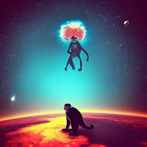 Prompt: “ monkey in space, exploding earth in the background ”