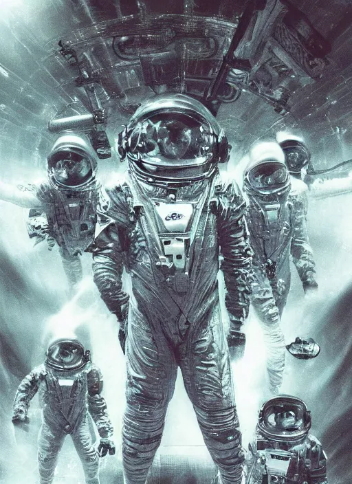 Image similar to astronauts in dark and empty void underwater - complex and hyperdetailed technical suit. reflection and dispersion materials. rays and dispersion of light. volumetric light. 5 0 mm, f / 3 2. noise film photo. flash photography. ultra realistic, wide angle. poster by wayne barlowe, hajime sorayama aaron horkey, craig mullins