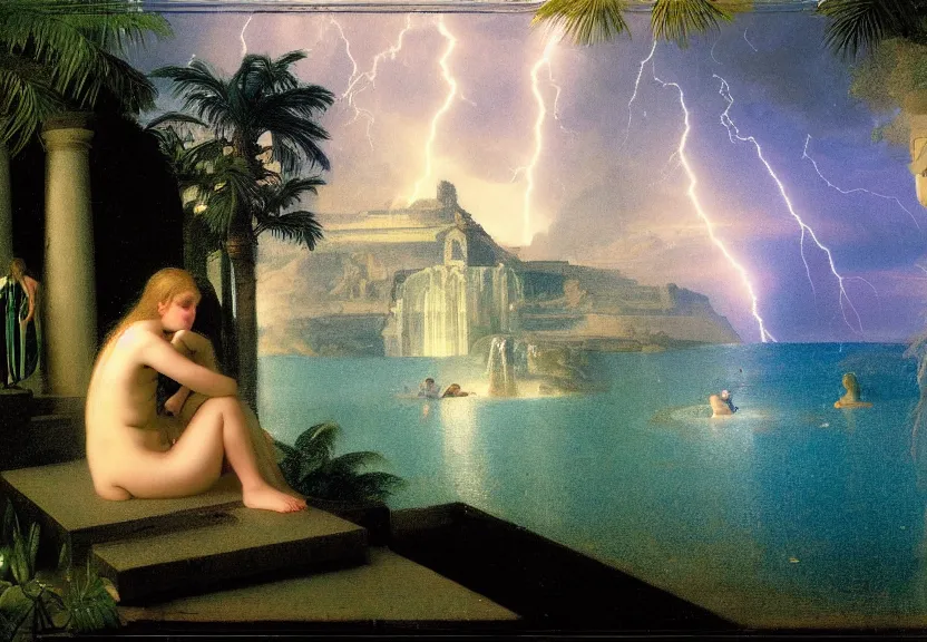 Image similar to Girl at the palace, refracted sparkles, thunderstorm, greek pool, beach and Tropical vegetation on the background major arcana sky, by paul delaroche, hyperrealistic 4k uhd, award-winning, very very very detailed