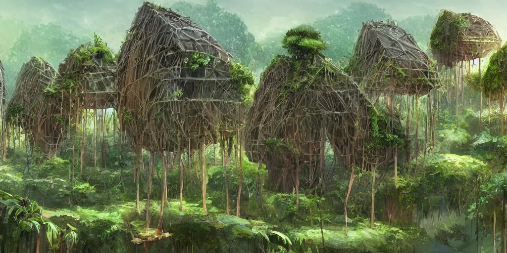 Prompt: long and tall organic houses, village, jungle, artstation, digital art