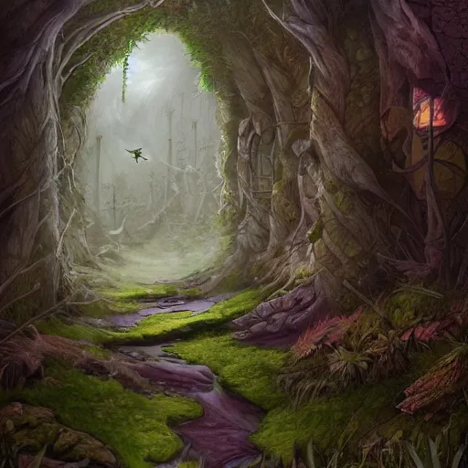 Prompt: corridors through fantasy forest dreamscapes, highly detailed painting, illustration, trending on artstation
