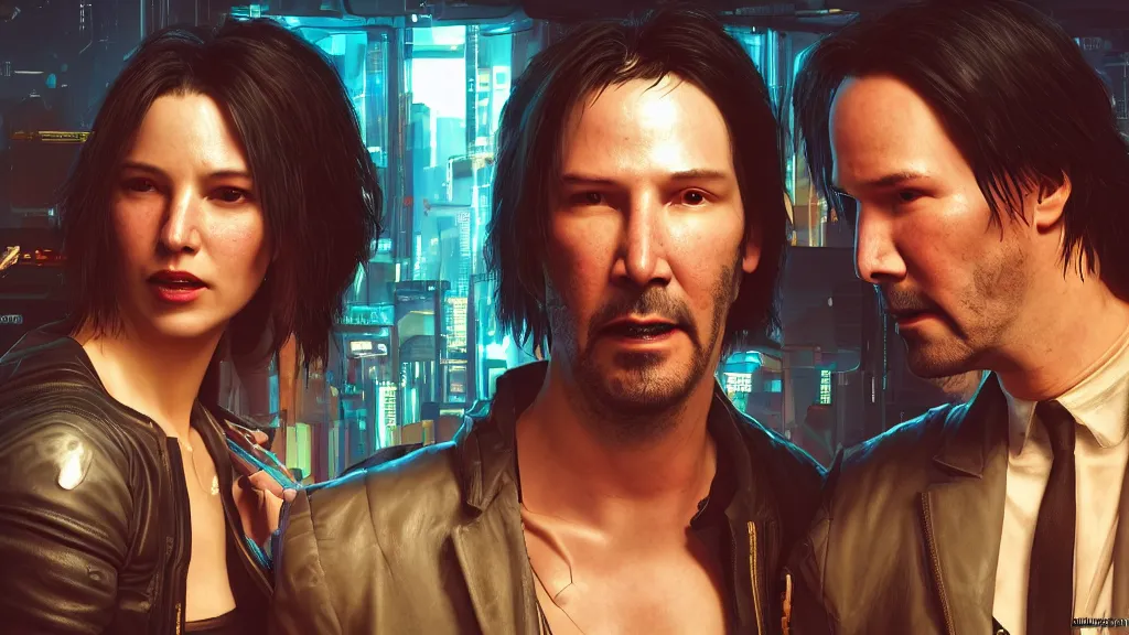 Image similar to a cyberpunk 2077 srcreenshot couple portrait of Keanu Reeves and a female android final kiss in night city,love,film lighting,by Lawrence Alma-Tadema,Andrei Riabovitchev,Laurie Greasley,Dan Mumford,John Wick,Speed,Replicas,artstation,deviantart,FAN ART,full of color,Digital painting,face enhance,highly detailed,8K,octane,golden ratio,cinematic lighting