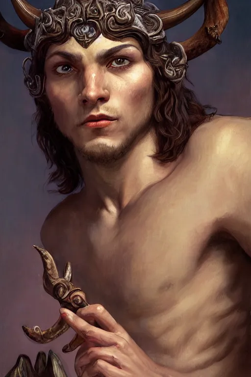 Prompt: close up painting of a young man satyr with horns, purple druid character design from the elder scrolls v : skyrim, decorated, intricate, elegant, highly detailed, digital painting, artstation, concept art, smooth, sharp focus, illustration, art by artgerm and greg rutkowski and alphonse mucha, 8 k