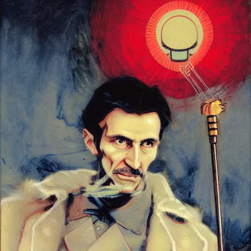 Prompt: portrait of nikola tesla holding wireless light, hanafuda oil on canvas by ivan shishkin, james jean and yoji shinkawa