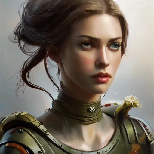 Prompt: a professionally painted portrait of an attractive young woman, clothed in military armor, olive skin, long dark hair, beautiful bone structure, symmetrical facial features, intricate, elegant, digital painting, trending on Artstation, concept art, smooth, sharp focus, illustration, from Metal Gear by Ruan Jia and Mandy Jurgens and Artgerm and William-Adolphe Bouguerea, award winning