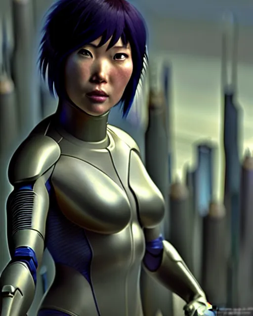 Image similar to weta disney pixar movie still portrait photo of motoko kusanagi the major ghost in the shell : : as cyborg woman by pixar : : by weta, wlop, ilya kuvshinov, rossdraws, artgerm, marvel, maxim cover, latex, octane render, sweaty, iridescent, bright morning, anime, octane render, 3 dcgi : :