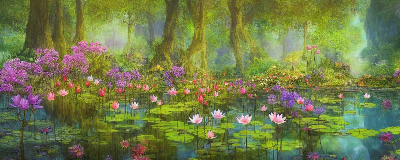 Prompt: groot flowers near a mirror like pond, by alan lee, colorful clothing, springtime flowers and foliage in full bloom, lotus flowers on the water, dark foggy forest background, sunlight filtering through the trees, digital art, art station