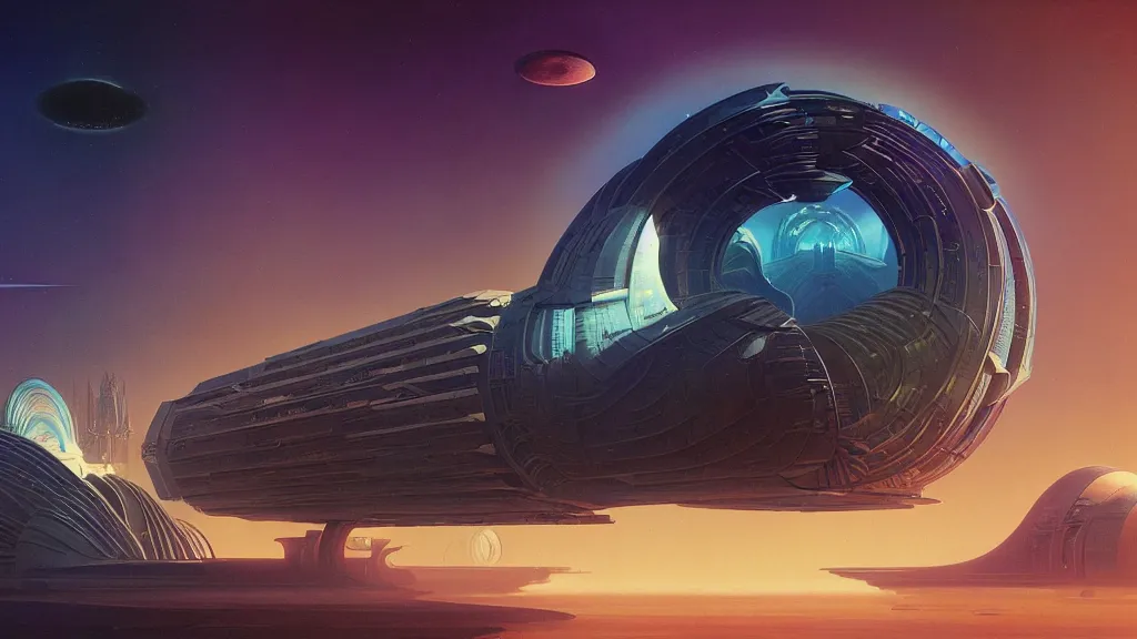 Image similar to digital render space science fiction digital matte painting bruce pennington, zaha hadid, beeple, john schoenher, syd mead, alphonse mucha