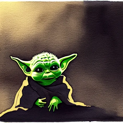 Prompt: high - angle view, baby yoda on a well lit path in a dimly lit forest, dramatic cloudy setting sun, muted color. minimalist, detailed, watercolor, ink ue 5