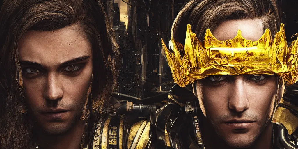 Prompt: realistic portrait of the cyberpunk king with golden black crown and pretty eyes, ultra realistic, 8k