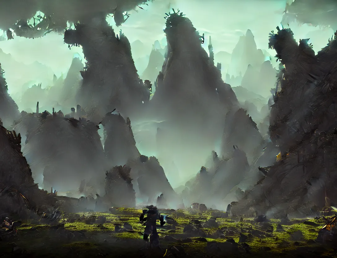 Prompt: the concept illustration of wasteland, ruins after the battle, desolate world, moss creeping up the ruins, rock high mountains in background, the broken remains of mechs, greg rutkowski, james gurney, johannes voss, john harris, alena aenami artworks in 4 k