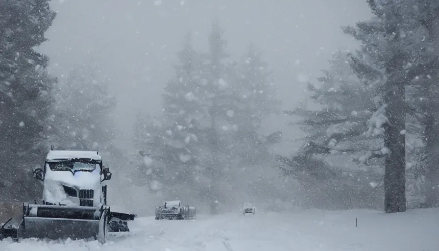 Image similar to snowplow covered by snow in beautiful winter landscape. fog, snowstorm, photorealistic rendering, octane, depth of field, blurry