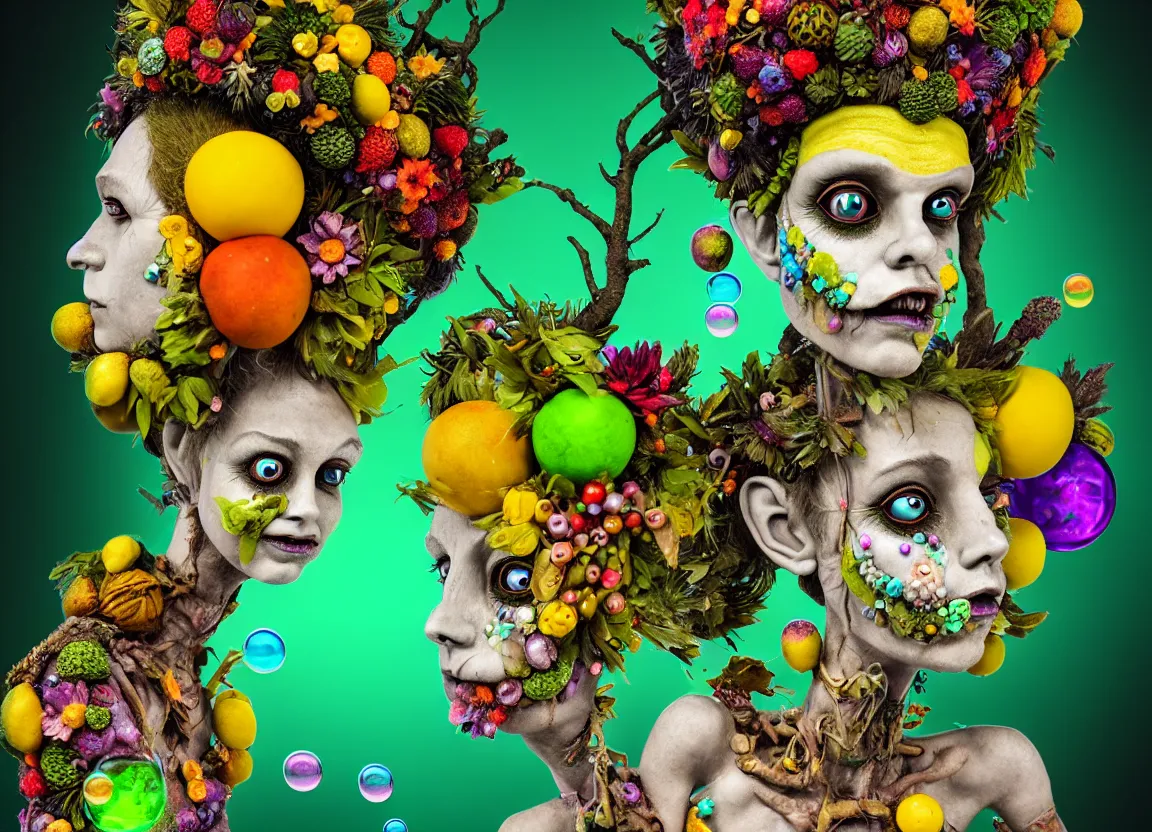 Prompt: headshot of a trickster fairy, nature zombie, head made of fruit and flowers in the style of arcimboldo, covered with gems and bubbles, fantastical, digital illustration, dynamic lighting, action figure, clay sculpture, claymation, turquoise black and yellow, rainbow stripe backdrop