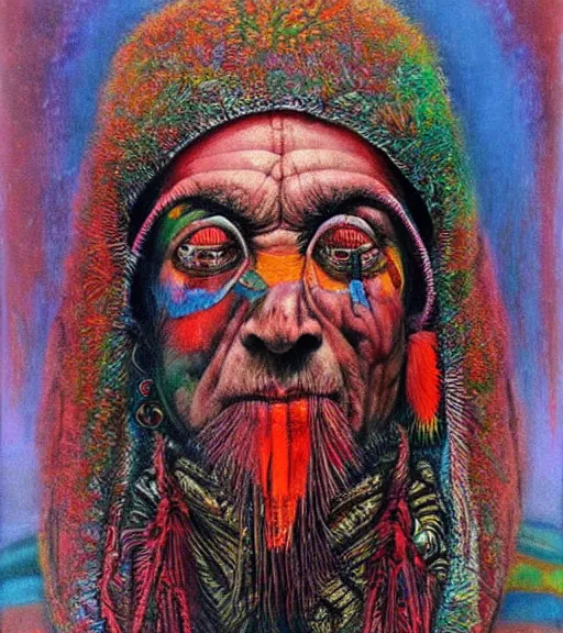 Image similar to Portrait painting in a style of Beksinski mixed with Alex Grey of an old shaman dressed in a colorful traditional clothes. Very psychodelic