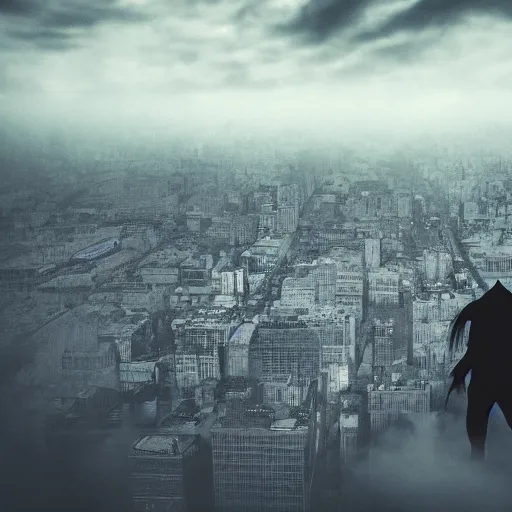 Prompt: ominous shadowy figure of a monster inside the clouds of a modern day city, eerie, creepy, hyper realistic, 8k, cinematic